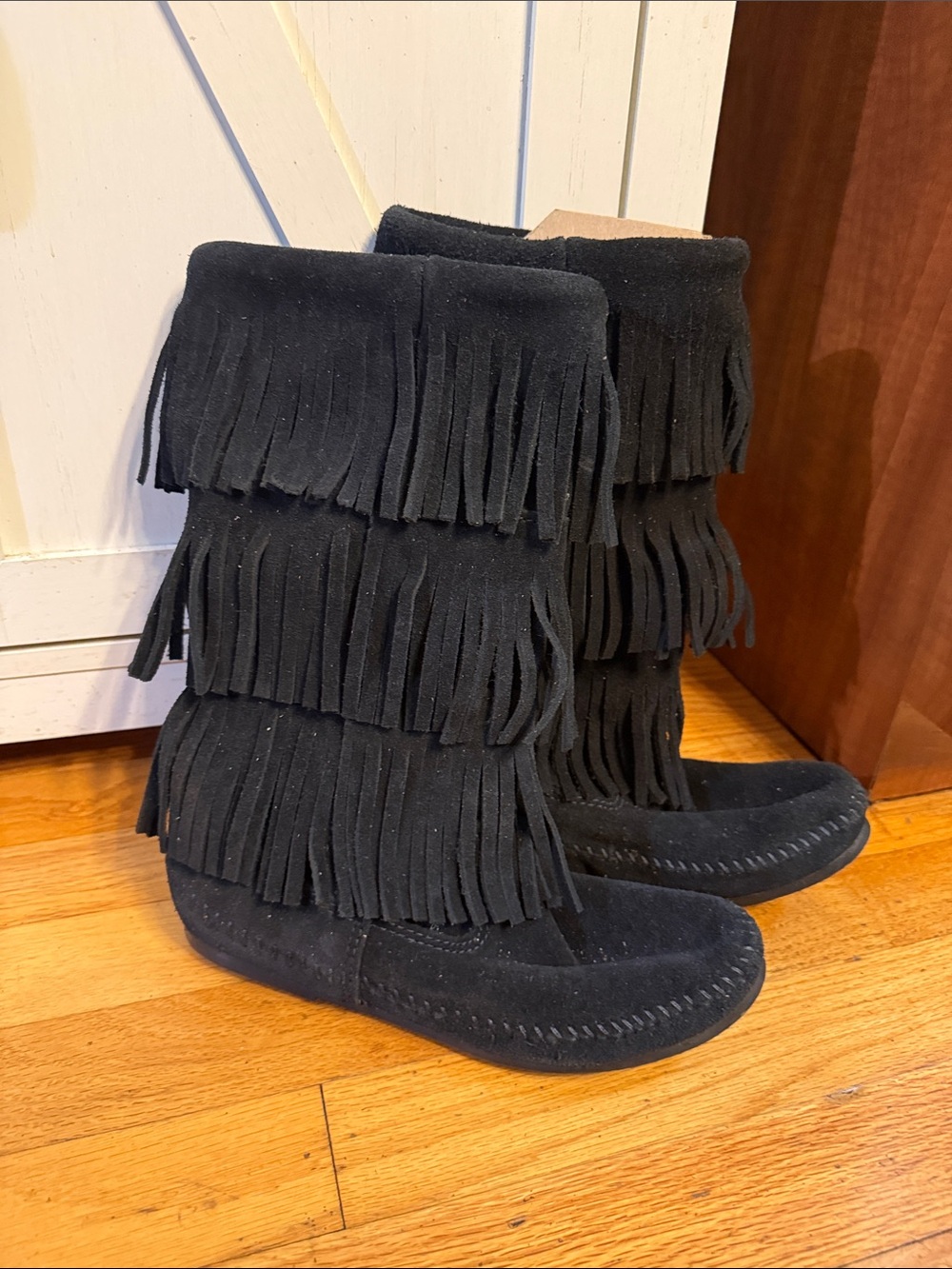 Minnetonka Black Suede Triple-Fringe Moccasin Boots